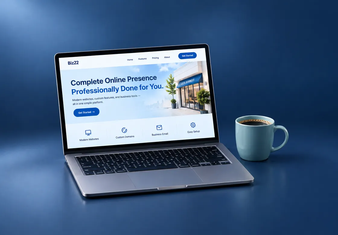 A laptop showing a finished Biz22 small-business website, next to a cup of coffee