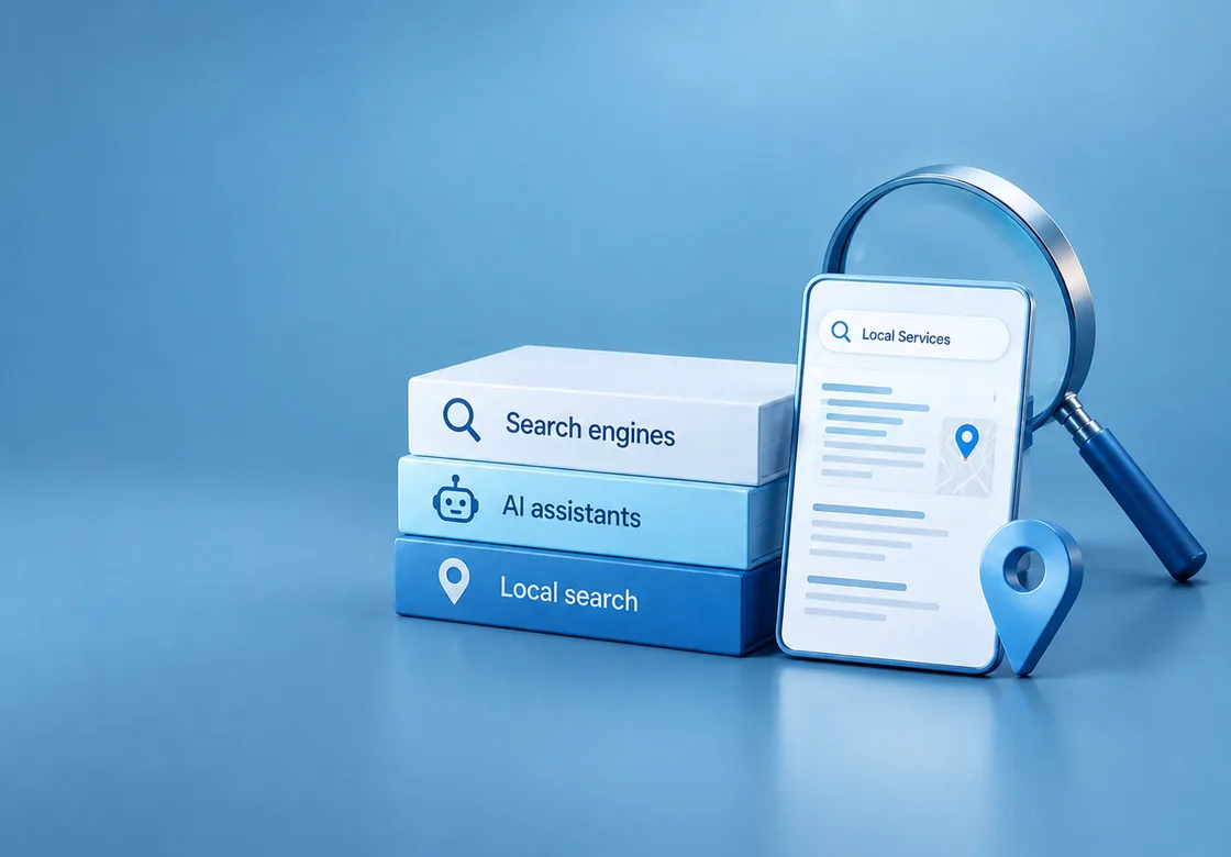Three stacked boxes labelled Search engines, AI assistants and Local search beside a phone searching for local services, with a magnifying glass and a map pin