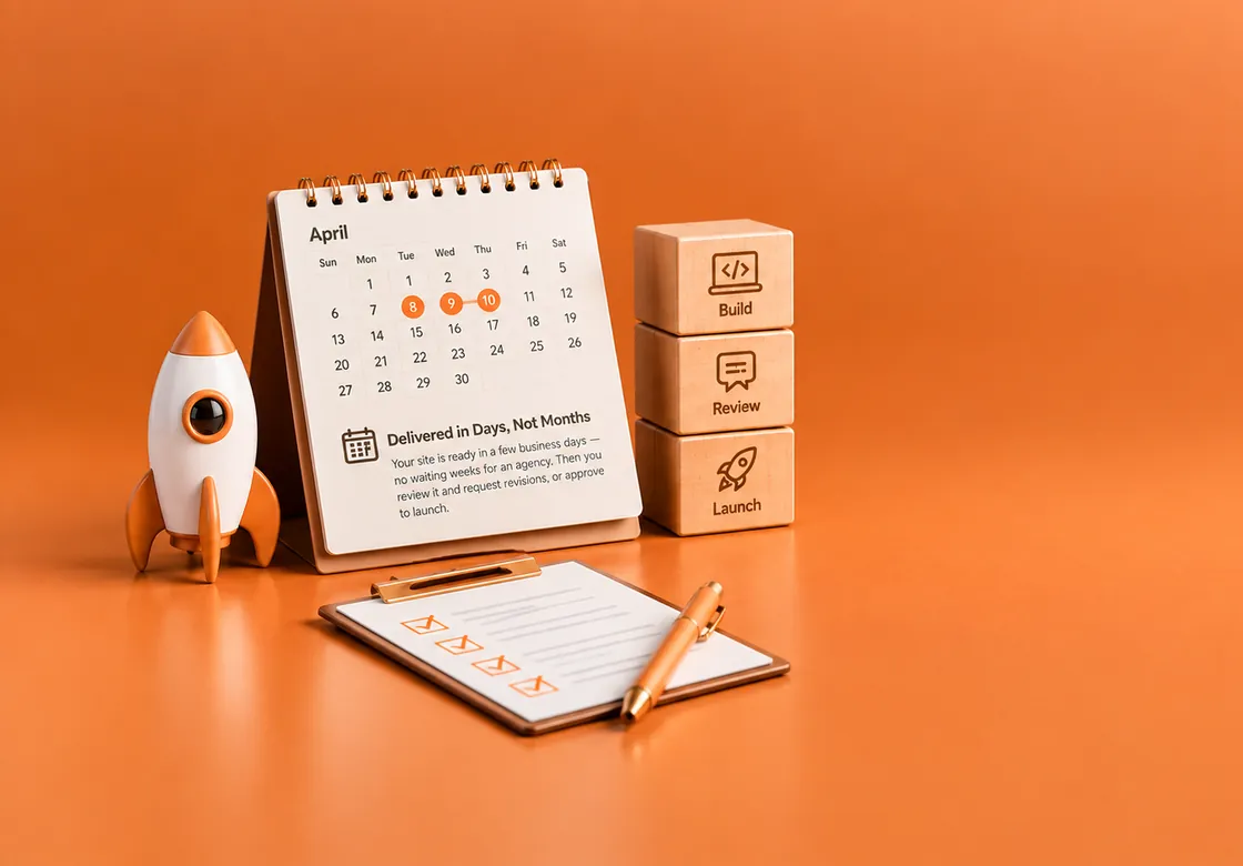 A toy rocket beside a desk calendar reading Delivered in Days, Not Months, three blocks reading Build, Review and Launch, and a ticked checklist with a pen
