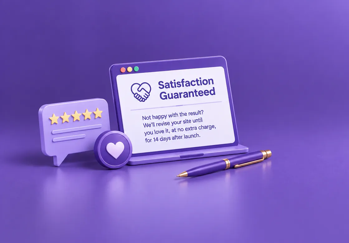 A laptop screen reading Satisfaction Guaranteed beside a five-star review bubble, a heart badge and a pen